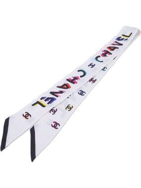 Chanel CC Logo Twilly Print Silk Scarf White